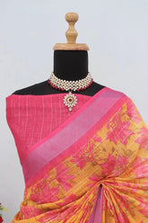 Linen Digital Print Pink Saree With Unstiched Blouse Piece-MPHL-25-PINK